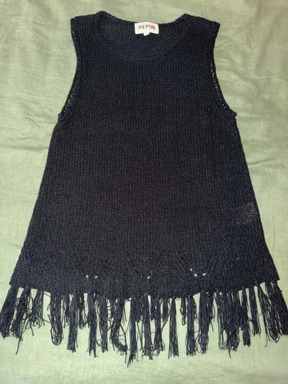 Pepin Black Open Knit Fringe Sleeveless Top